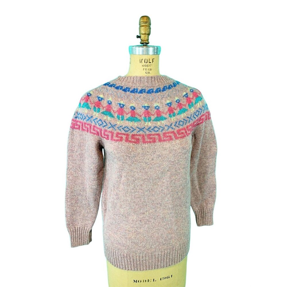 Vintage 80s Fair Isle Sweater Womens XS Pink People Metallic Novelty Pullover - Picture 7 of 10